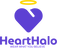 HeartHalo logo featuring a purple heart with a gold halo above it, and the text 'HeartHalo' and 'WEAR WHAT YOU BELIEVE' as background.