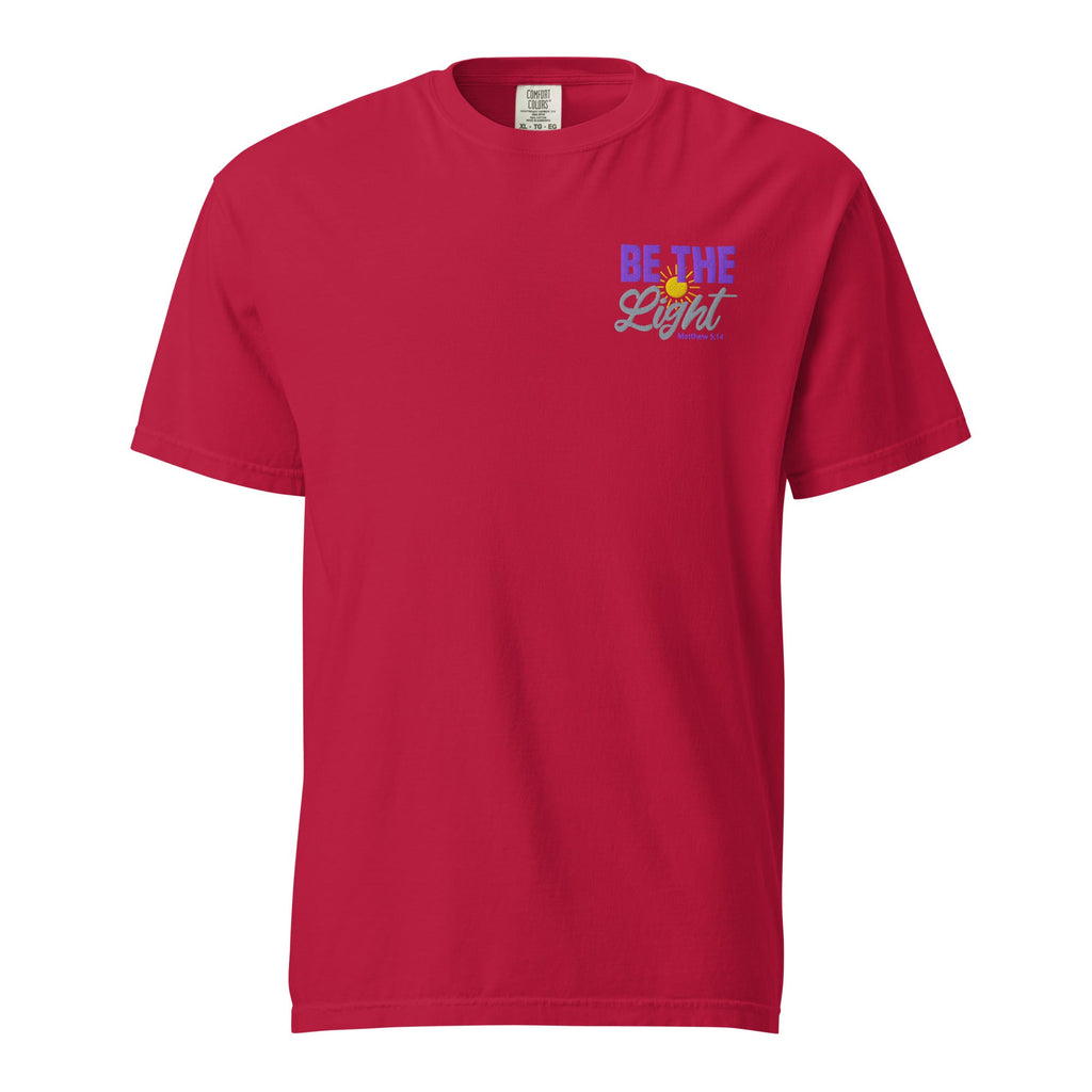 Be the Light | Embroidered Unisex garment-dyed T-Shirt in Red, front view