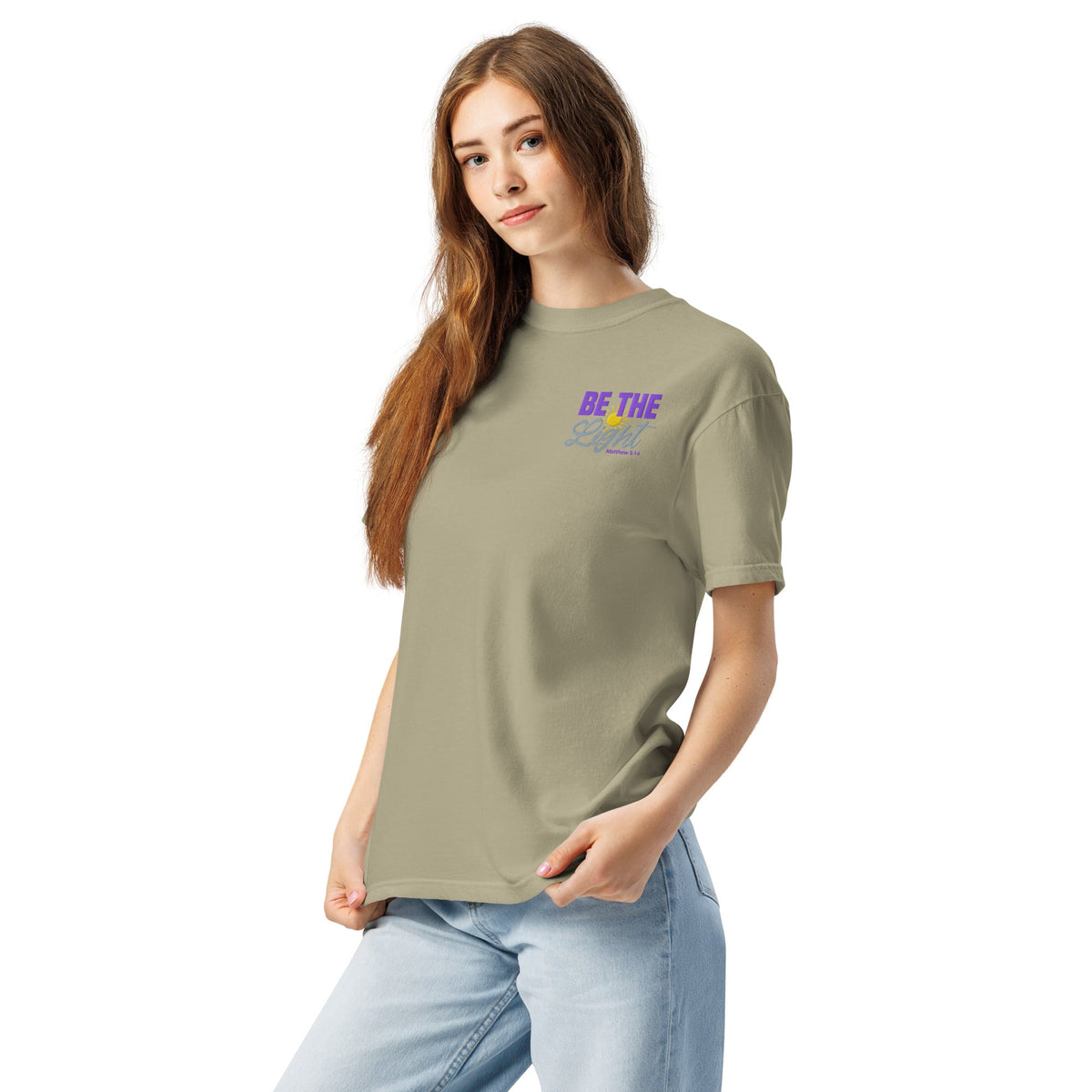 Be the Light | Embroidered Unisex garment-dyed T-Shirt in Khaki, back view