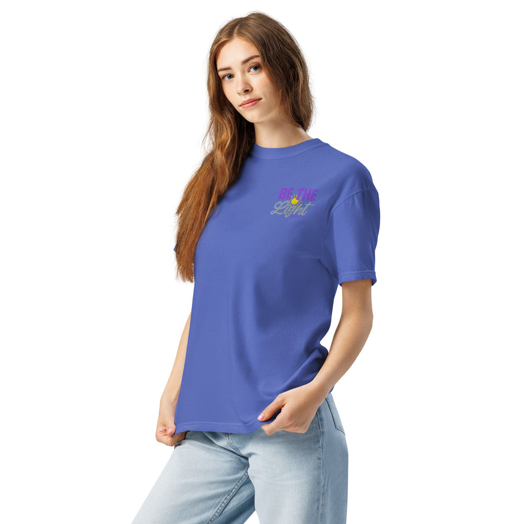 Be the Light | Embroidered Unisex garment-dyed T-Shirt in Flo Blue, back view