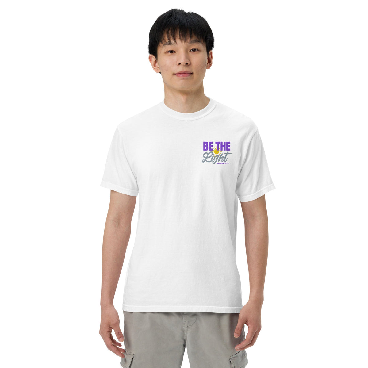 Be the Light | Embroidered Unisex garment-dyed T-Shirt in White, back view