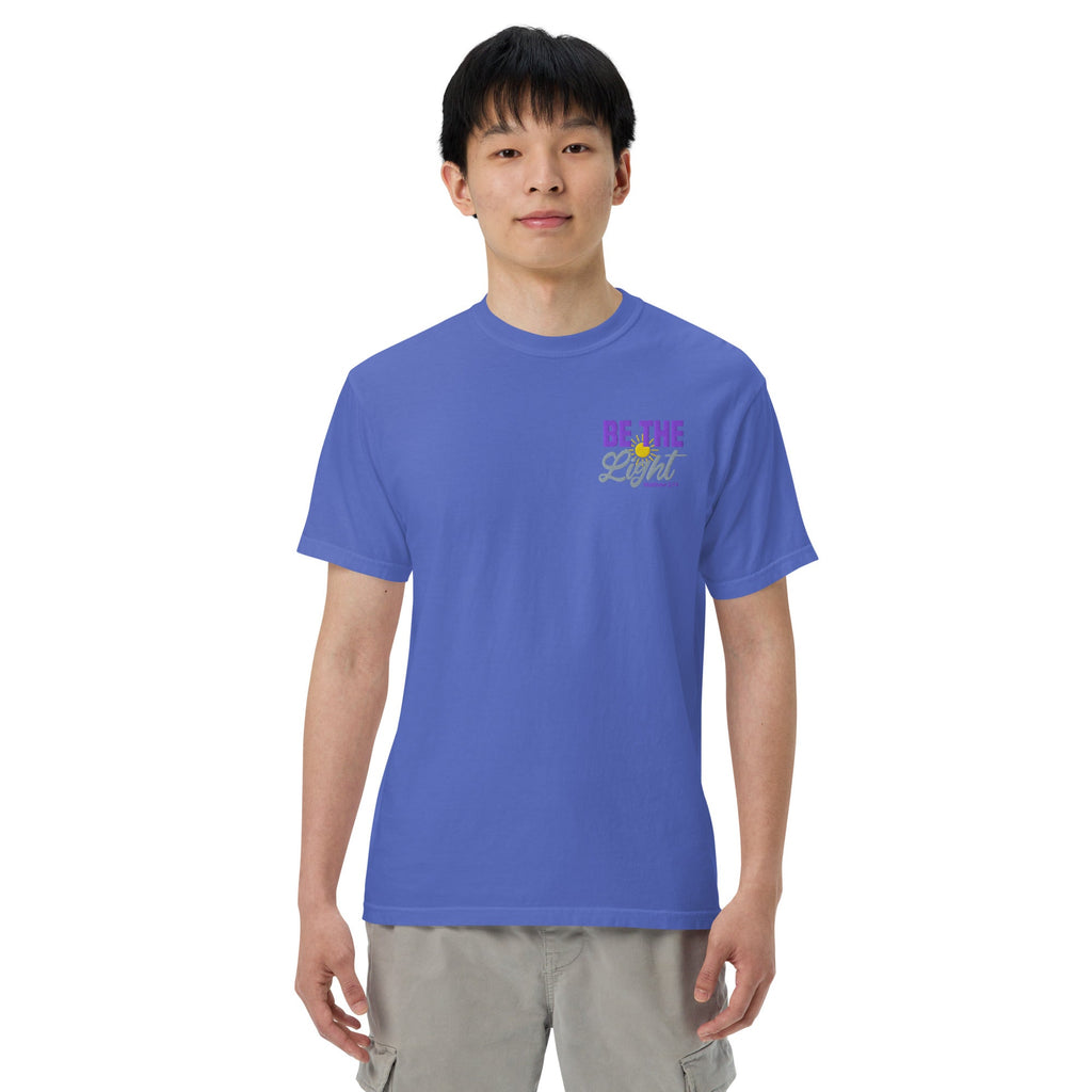 Be the Light | Embroidered Unisex garment-dyed T-Shirt in Flo Blue, back view