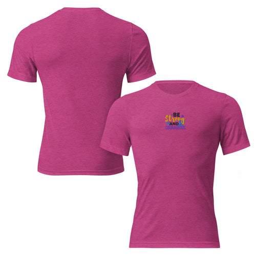 Be Strong and Courageous | Embroidered Unisex Tri-Blend T-Shirt in Berry Triblend, front view