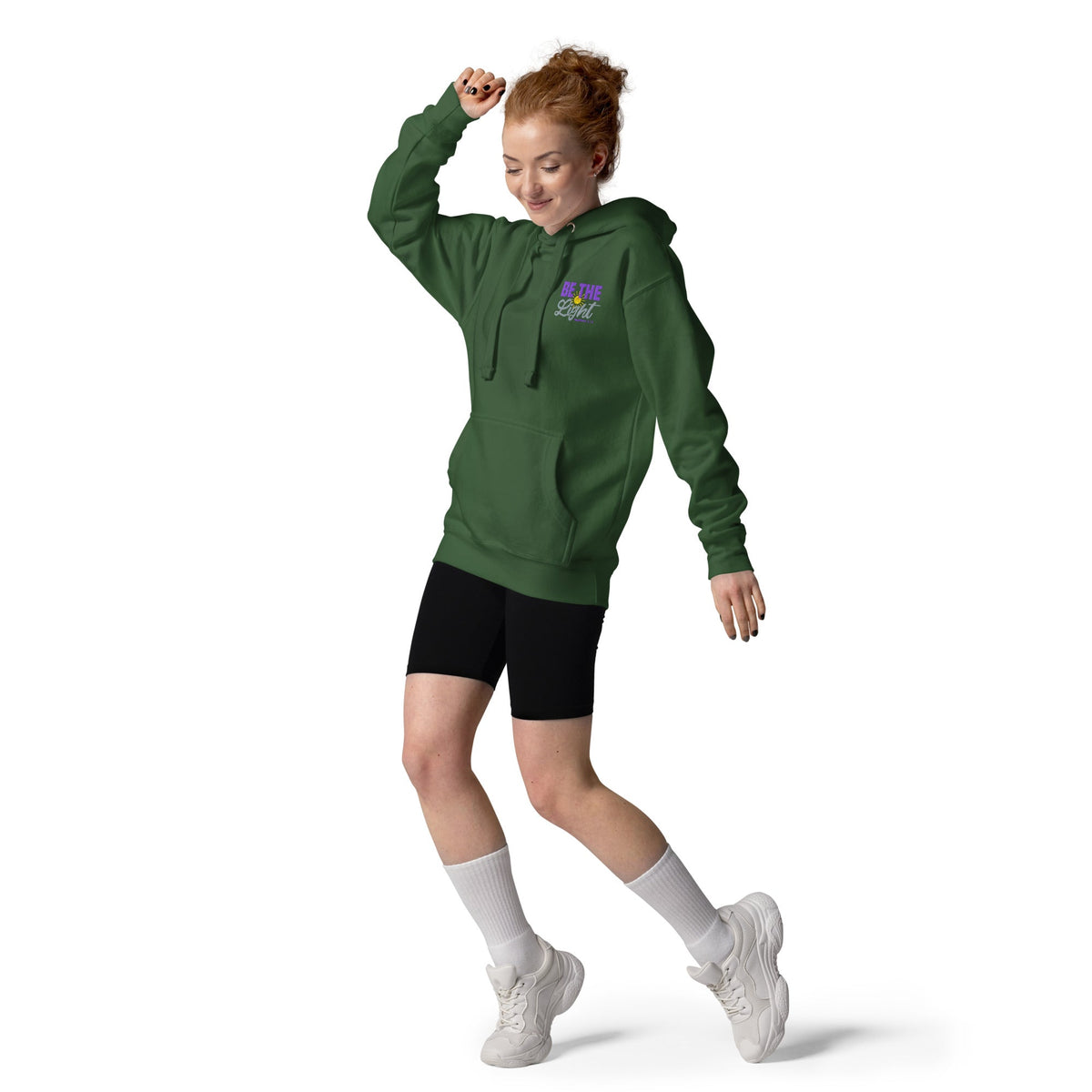 Be the Light | Embroidered - Unisex Premium Pullover Hoodie in Forest Green, back view