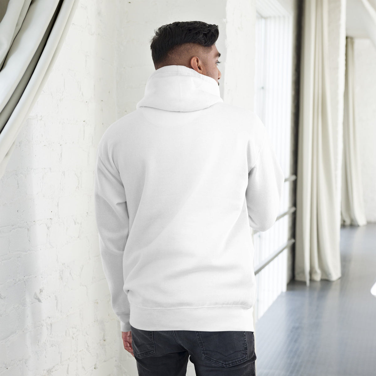 Be the Light | Embroidered - Unisex Premium Pullover Hoodie in White, back view