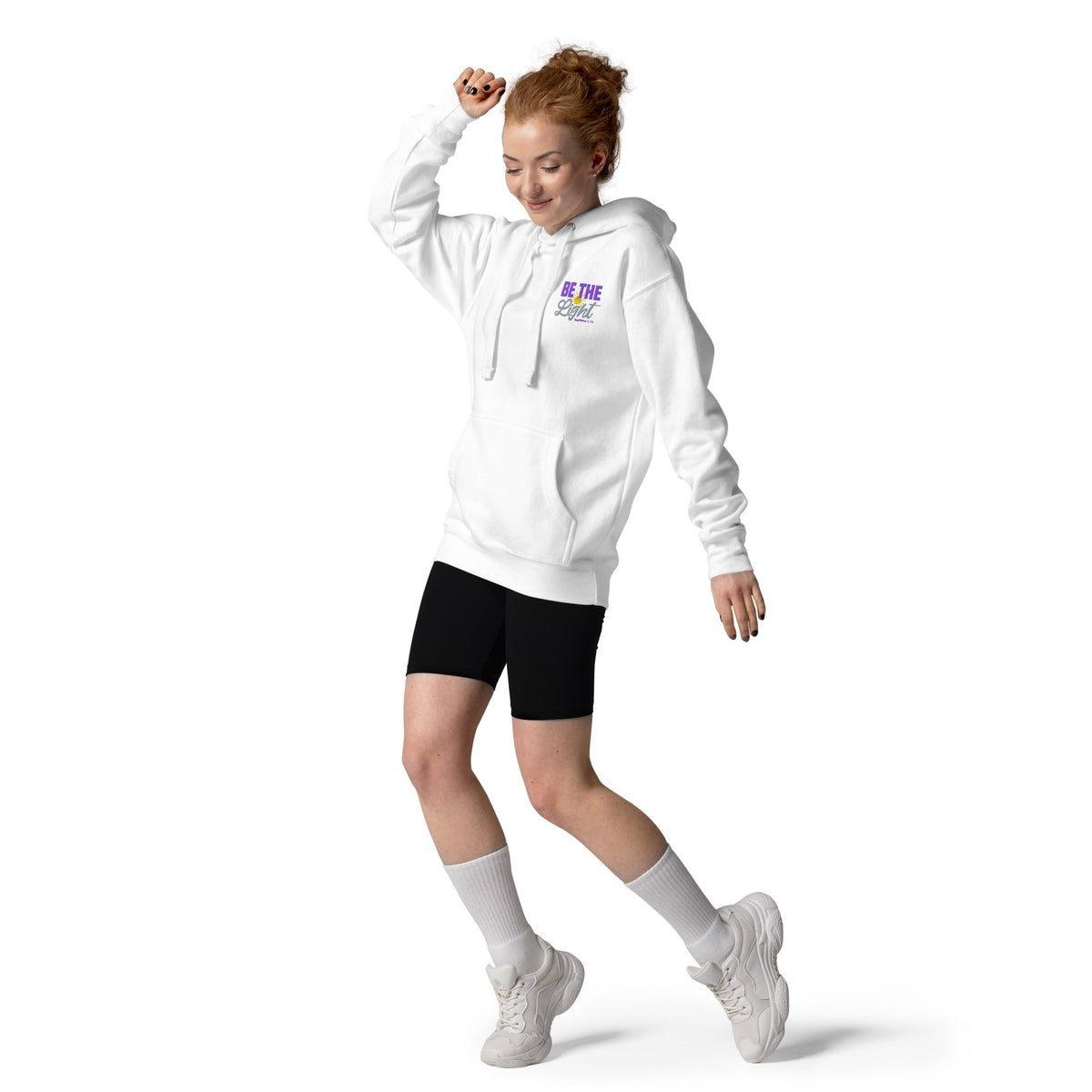 Be the Light | Embroidered - Unisex Premium Pullover Hoodie in White, back view