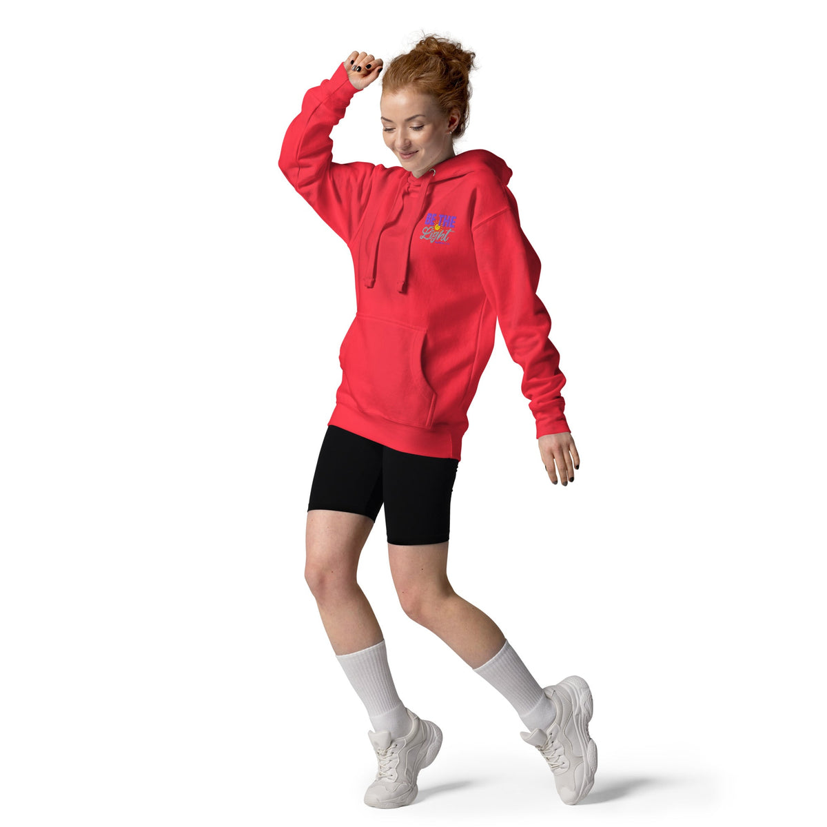 Be the Light | Embroidered - Unisex Premium Pullover Hoodie in Team Red, back view