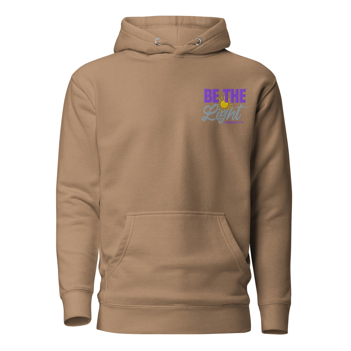 Be the Light | Embroidered - Unisex Premium Pullover Hoodie in Latte, front view