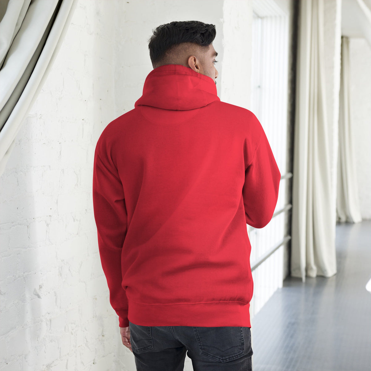 Be the Light | Embroidered - Unisex Premium Pullover Hoodie in Team Red, back view