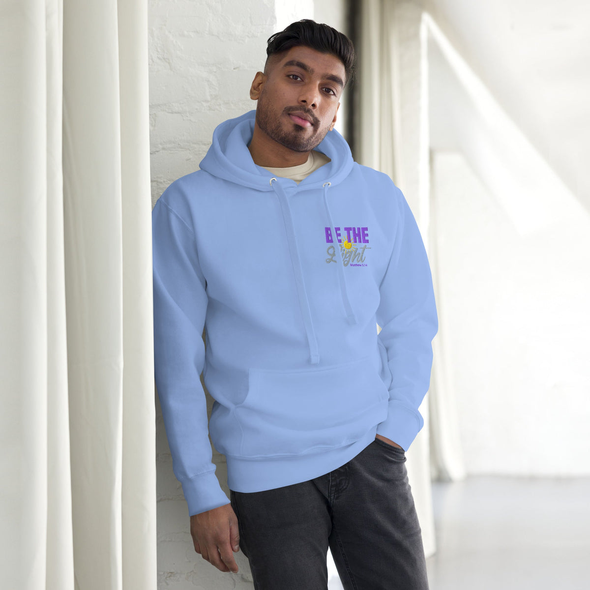 Be the Light | Embroidered - Unisex Premium Pullover Hoodie in Carolina Blue, back view