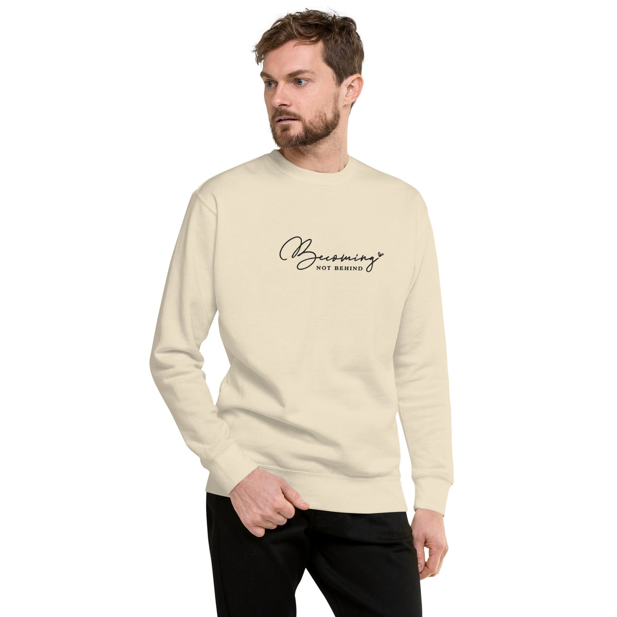 Becoming, Not Behind embroidered premium sweatshirt in Bone, product view