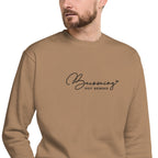 Becoming, Not Behind embroidered premium sweatshirt in Latte, product view