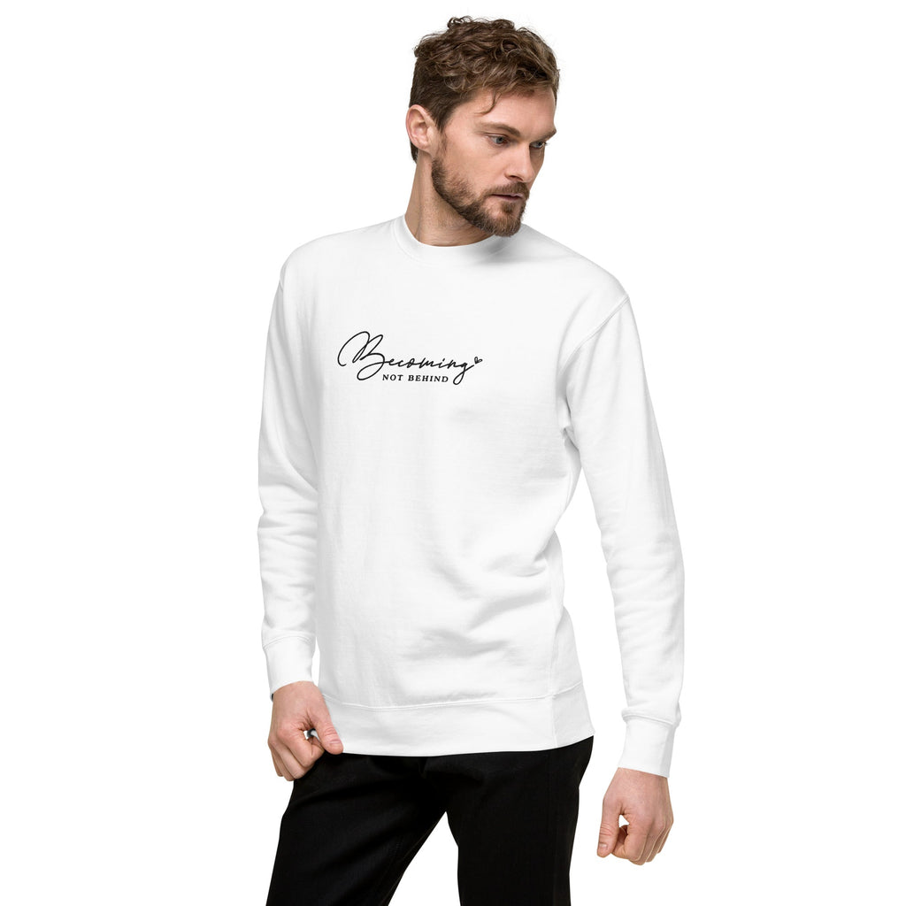 Becoming, Not Behind embroidered premium sweatshirt in White, product view
