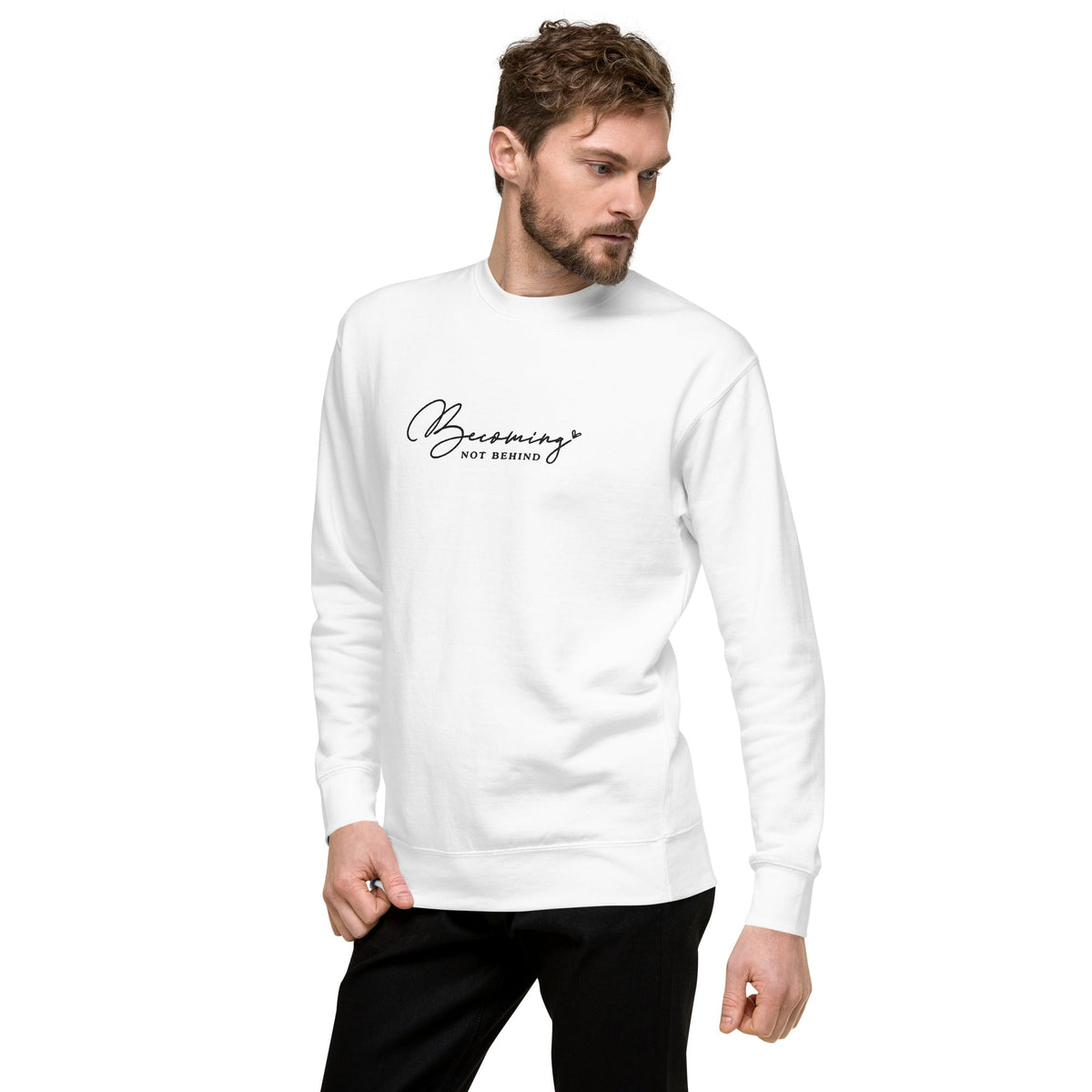 Becoming, Not Behind embroidered premium sweatshirt in White, product view