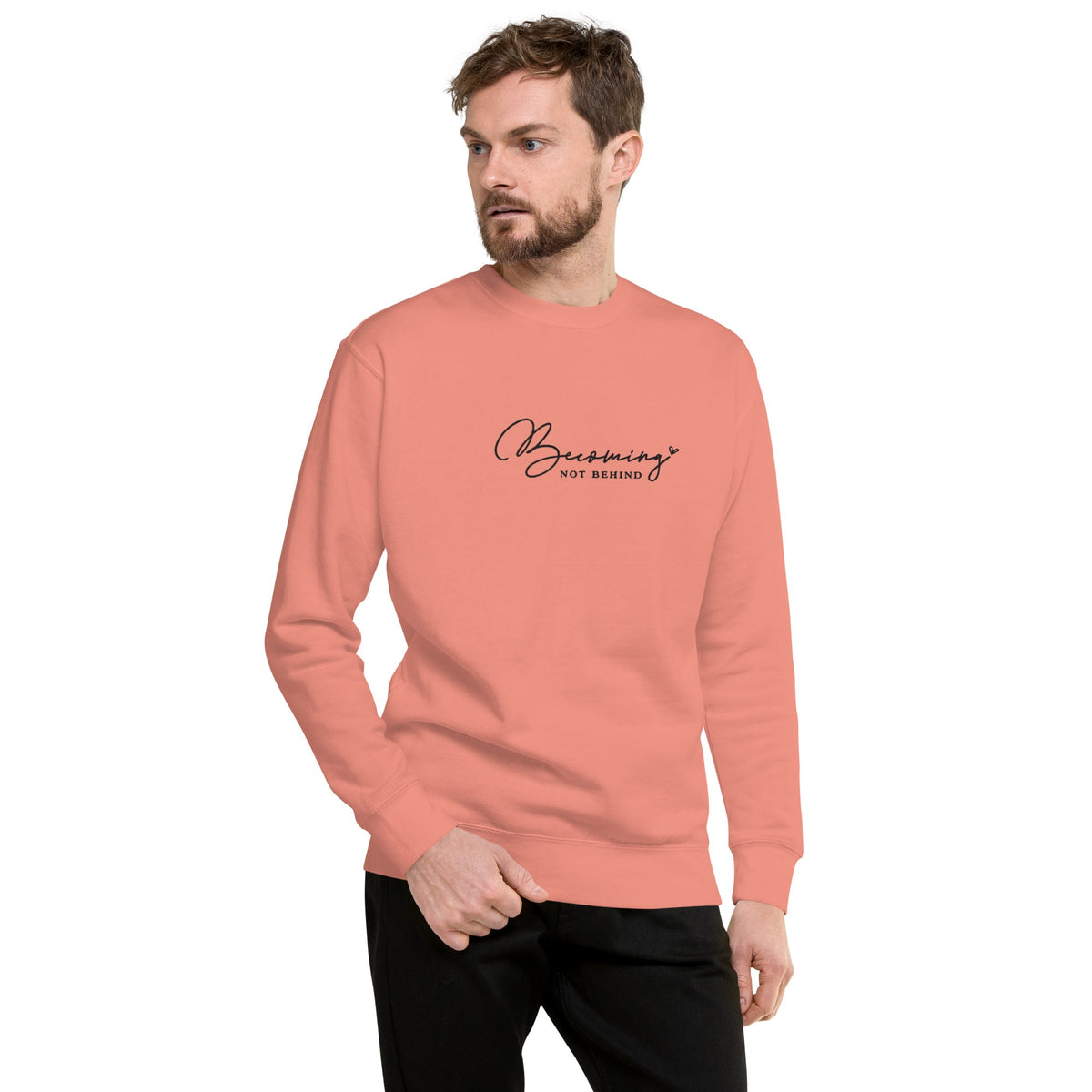 Becoming, Not Behind embroidered premium sweatshirt in Dusty Rose, product view
