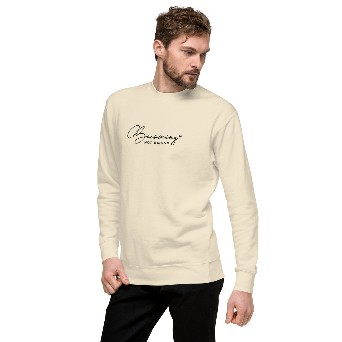 Becoming, Not Behind embroidered premium sweatshirt in Bone, product view