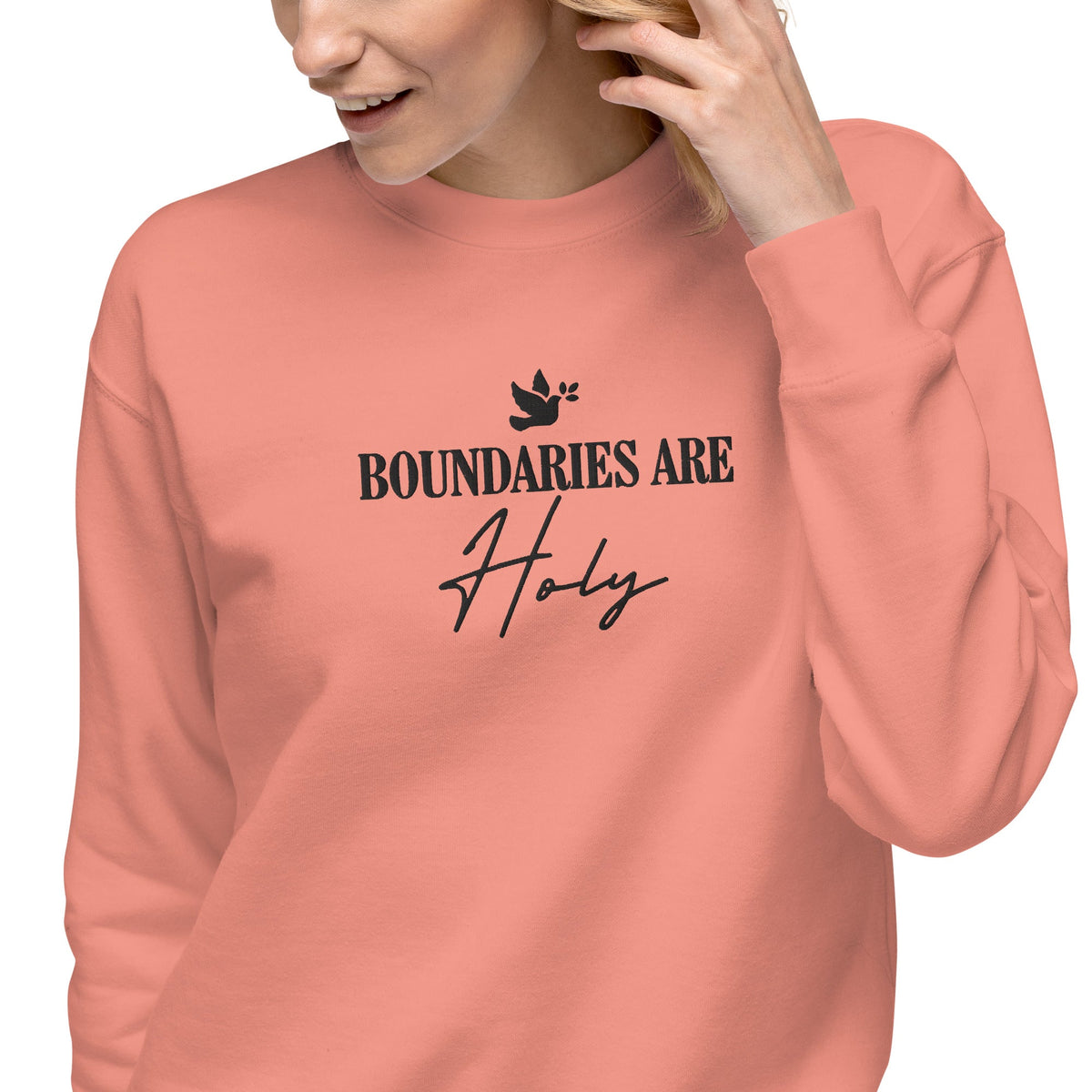 Boundaries Are Holy embroidered premium sweatshirt in Dusty Rose, product view