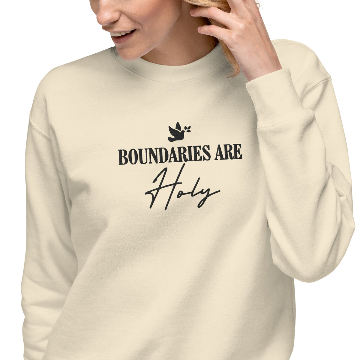 Boundaries Are Holy embroidered premium sweatshirt in Bone, product view