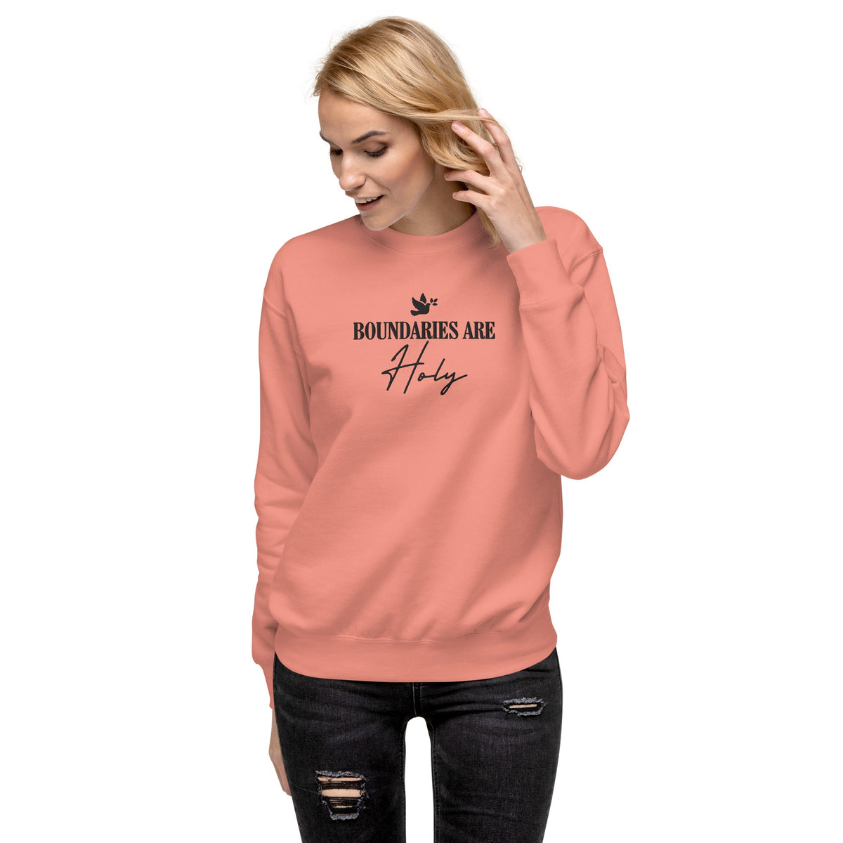 Boundaries Are Holy embroidered premium sweatshirt in Dusty Rose, product view