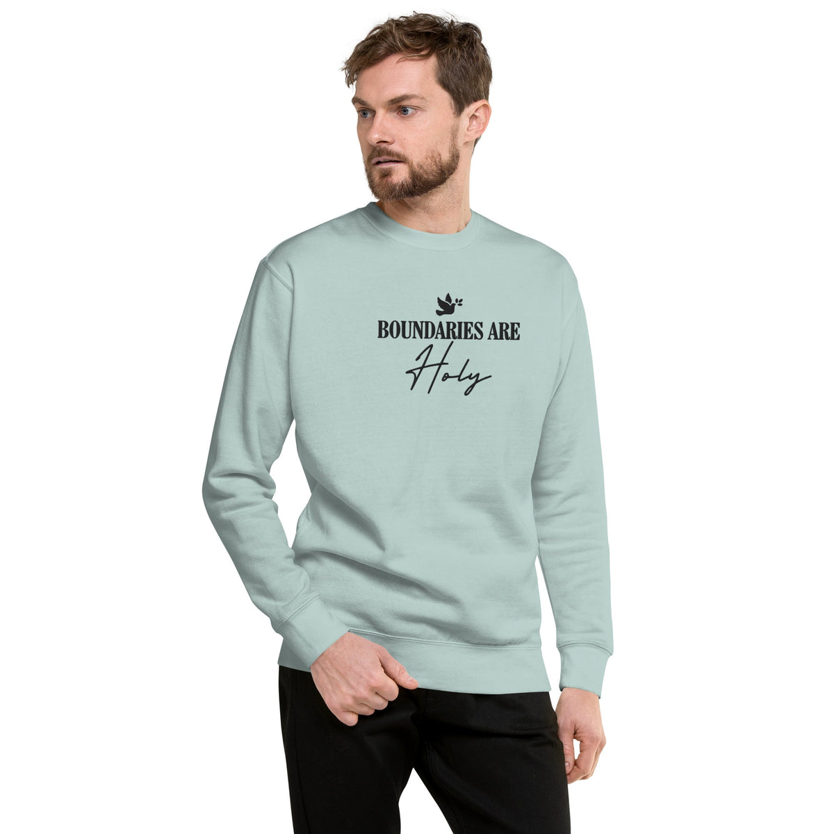 Boundaries Are Holy embroidered premium sweatshirt in Agave, product view