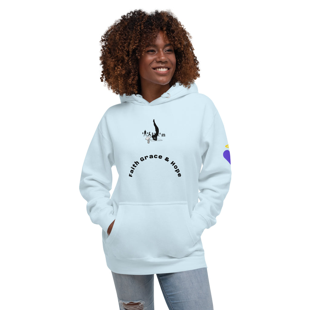 Faith, Grace & Hope | Unisex Premium Pullover Hoodie in Sky Blue, back view