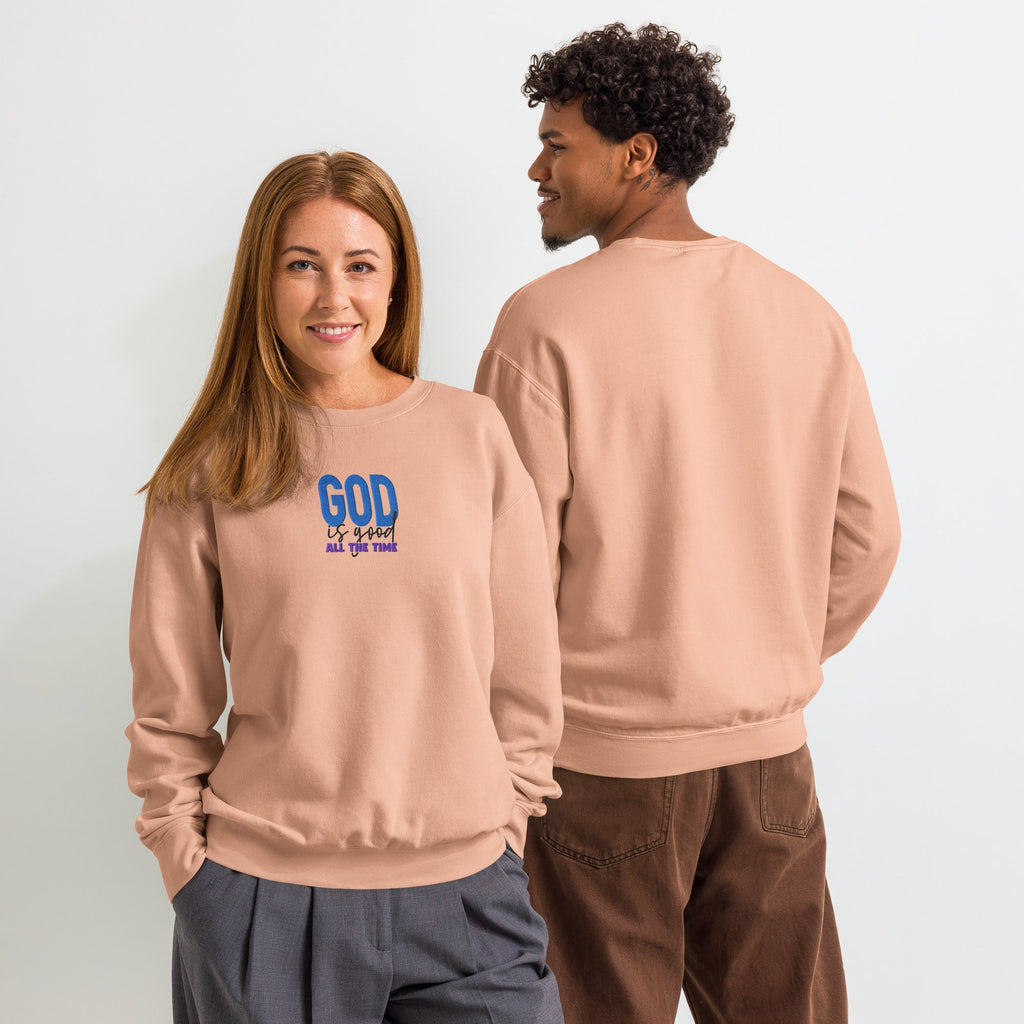 God is Good all the time | Embroidered Unisex Garment-Dyed Fleece Sweatshirt in Peachy, back view