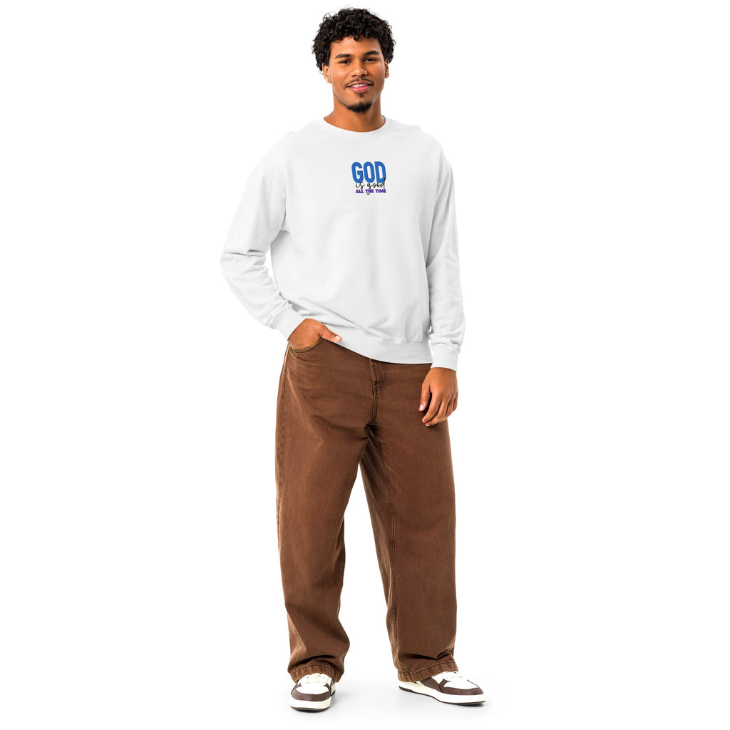 God is Good all the time | Embroidered Unisex Garment-Dyed Fleece Sweatshirt in White, back view