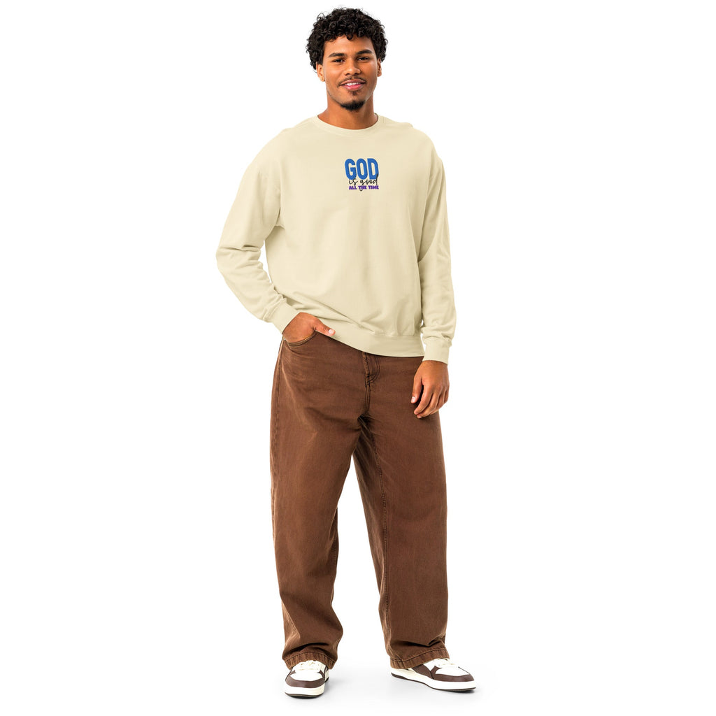 God is Good all the time | Embroidered Unisex Garment-Dyed Fleece Sweatshirt in Ivory, back view