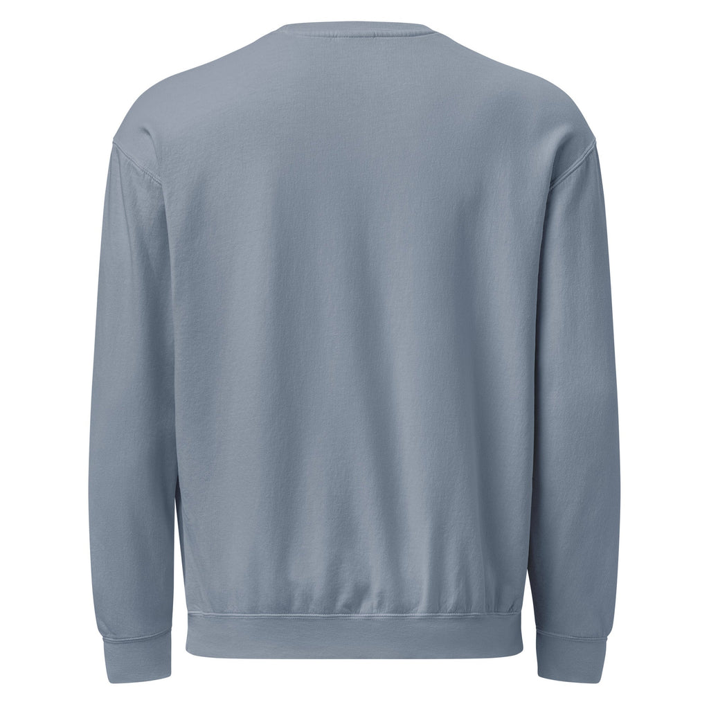 God is Good all the time | Embroidered Unisex Garment-Dyed Fleece Sweatshirt in Blue Jean, back view