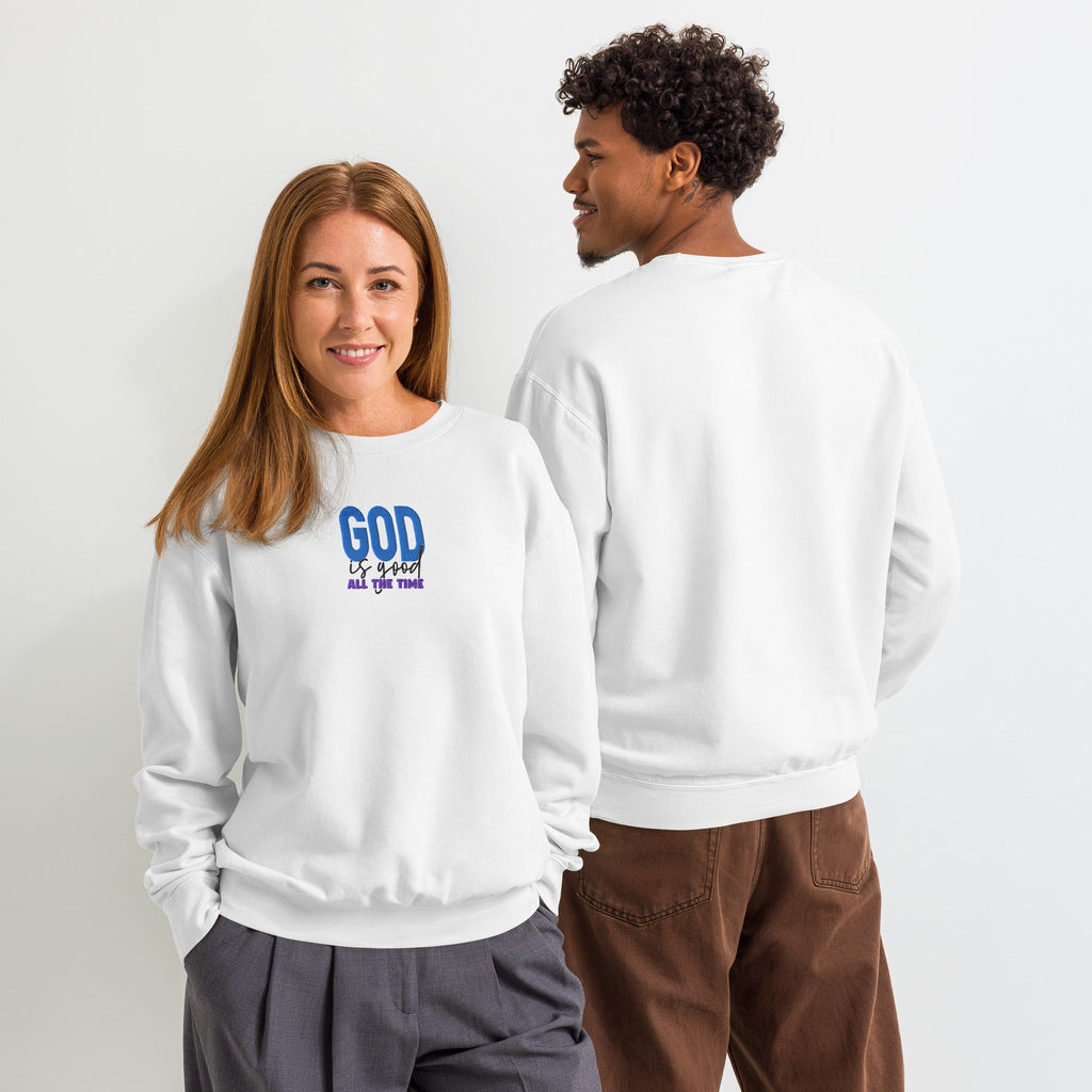 God is Good all the time | Embroidered Unisex Garment-Dyed Fleece Sweatshirt in White, back view