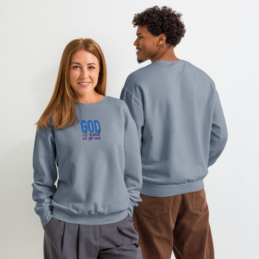God is Good all the time | Embroidered Unisex Garment-Dyed Fleece Sweatshirt in Blue Jean, back view