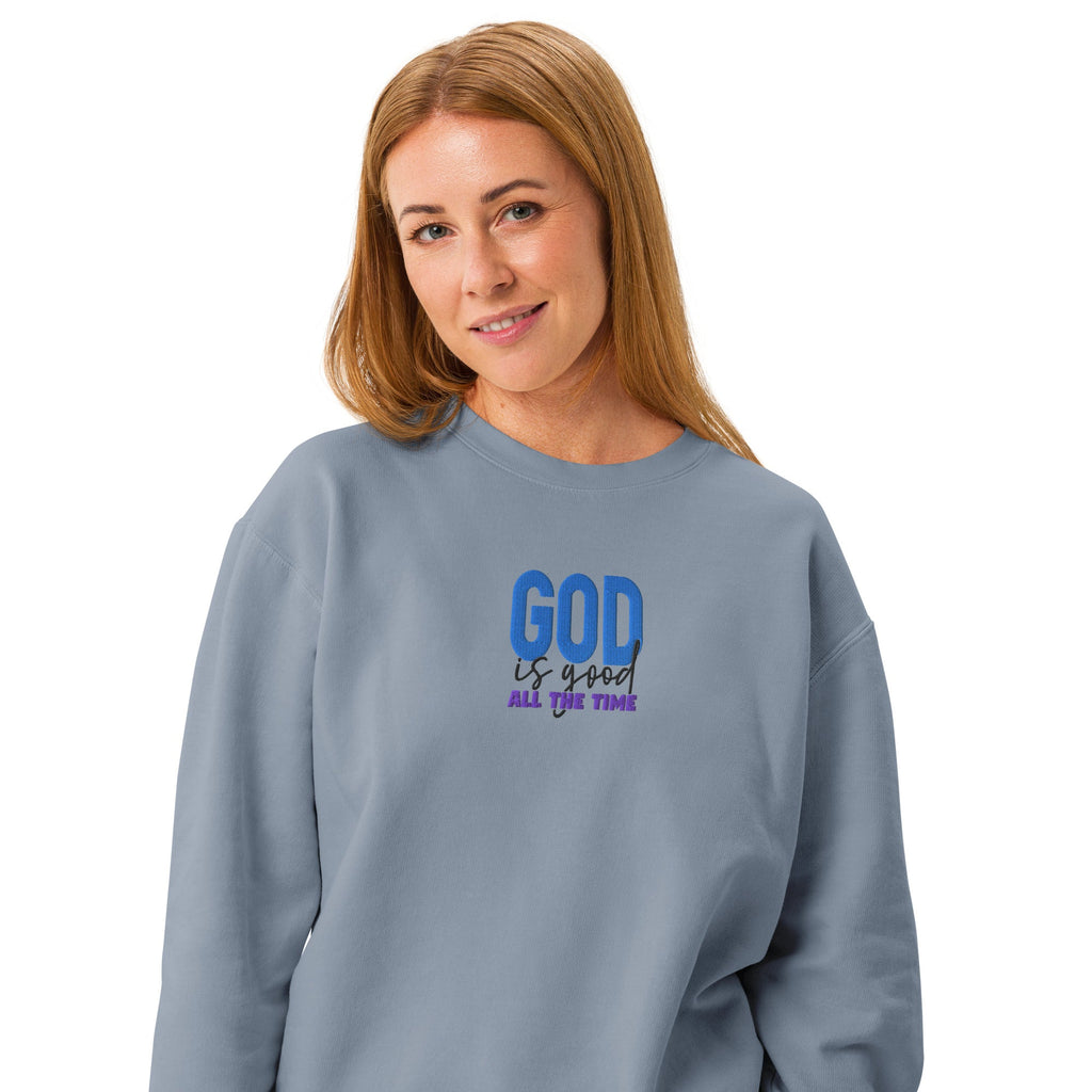 God is Good all the time | Embroidered Unisex Garment-Dyed Fleece Sweatshirt in Blue Jean, back view