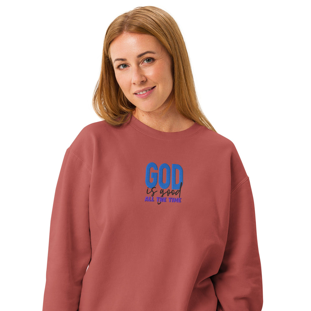 God is Good all the time | Embroidered Unisex Garment-Dyed Fleece Sweatshirt in Crimson, back view