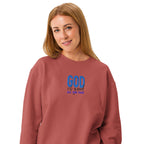 God is Good all the time | Embroidered Unisex Garment-Dyed Fleece Sweatshirt in Crimson, back view