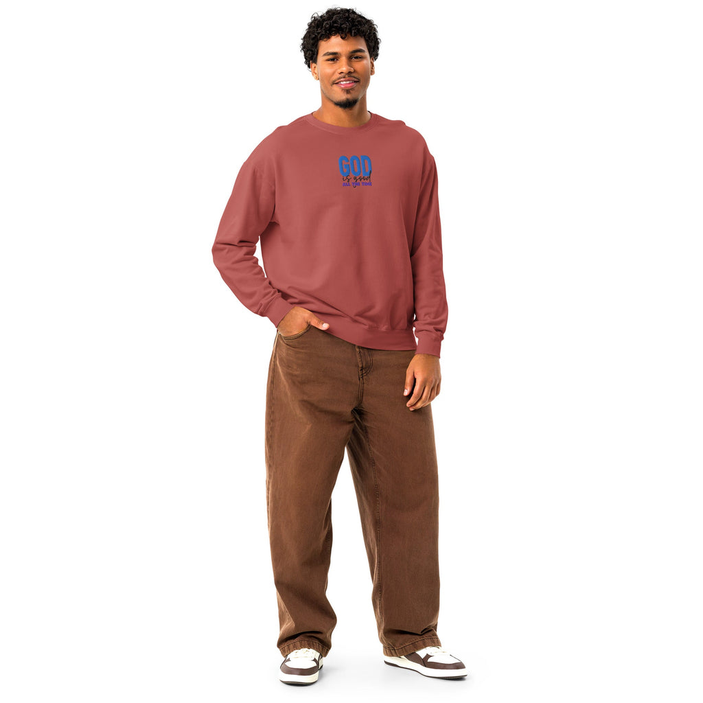 God is Good all the time | Embroidered Unisex Garment-Dyed Fleece Sweatshirt in Crimson, back view