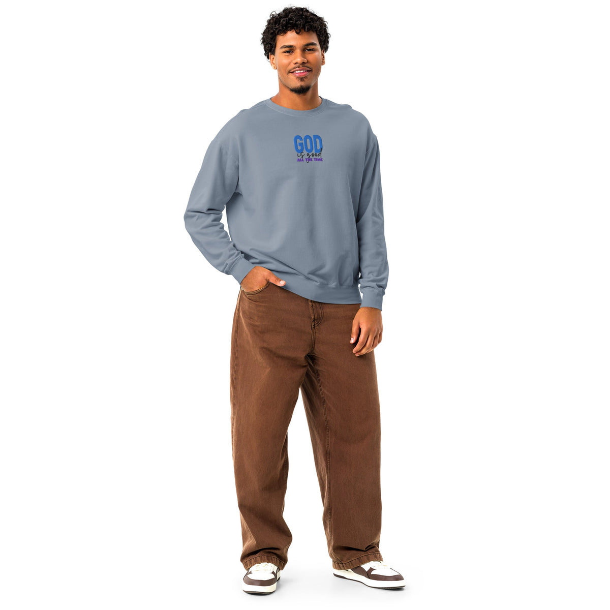 God is Good all the time | Embroidered Unisex Garment-Dyed Fleece Sweatshirt in Blue Jean, back view