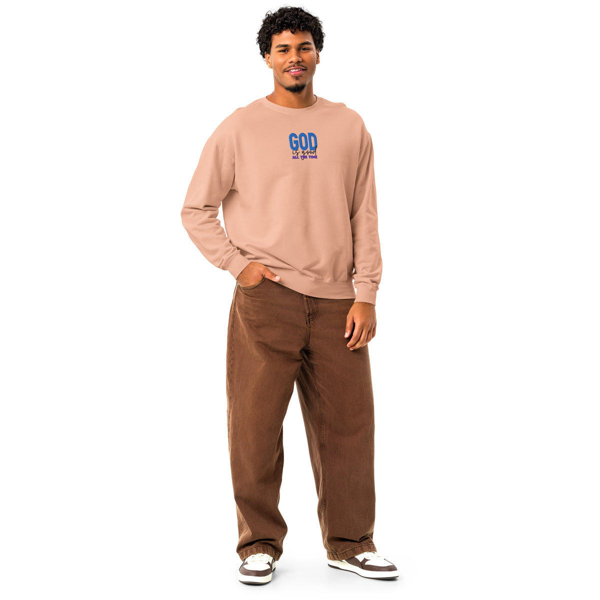God is Good all the time | Embroidered Unisex Garment-Dyed Fleece Sweatshirt in Peachy, back view