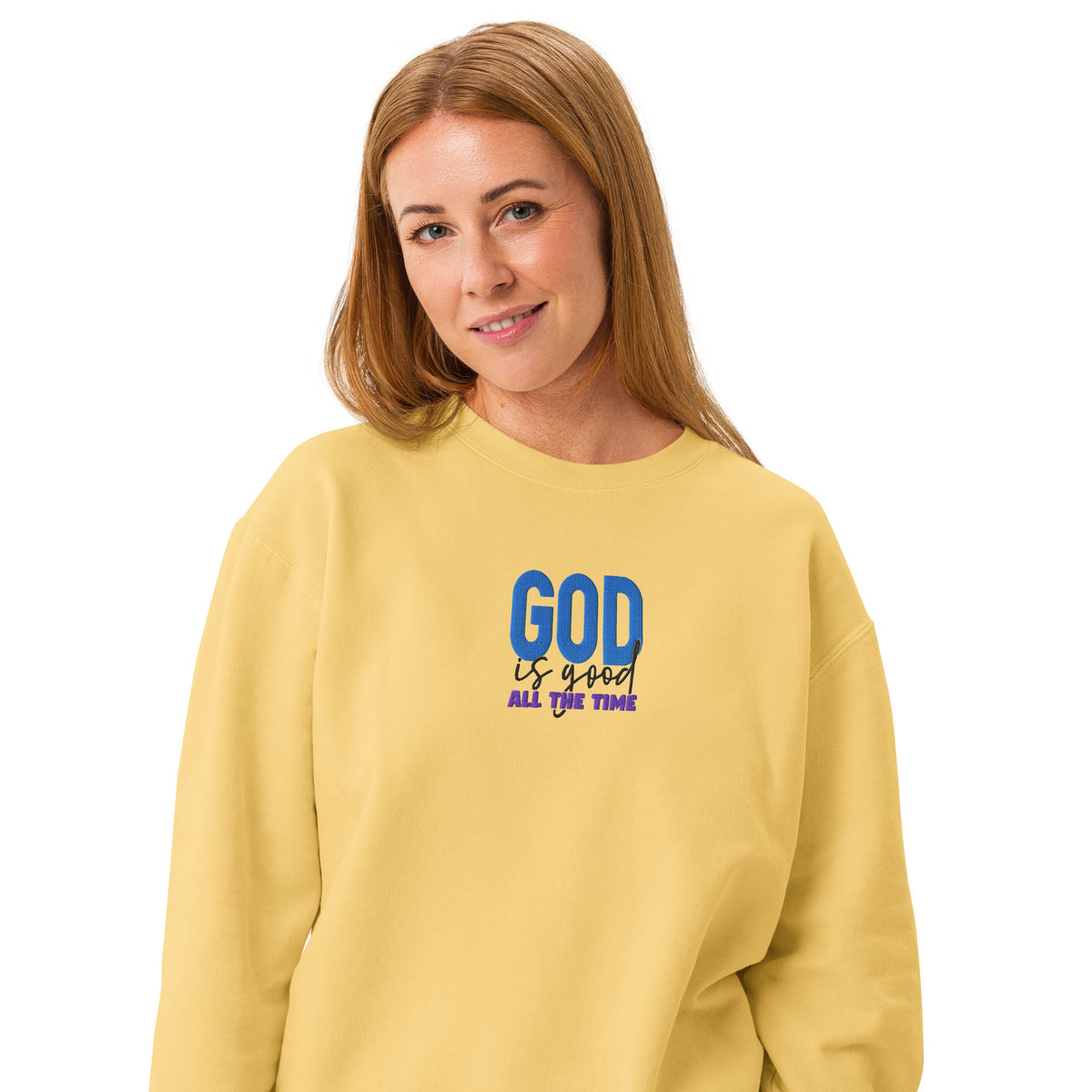 God is Good all the time | Embroidered Unisex Garment-Dyed Fleece Sweatshirt in Butter, back view