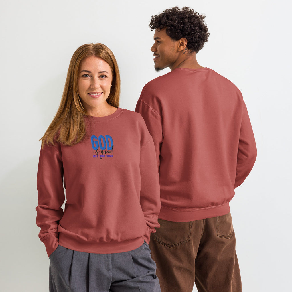 God is Good all the time | Embroidered Unisex Garment-Dyed Fleece Sweatshirt in Crimson, back view