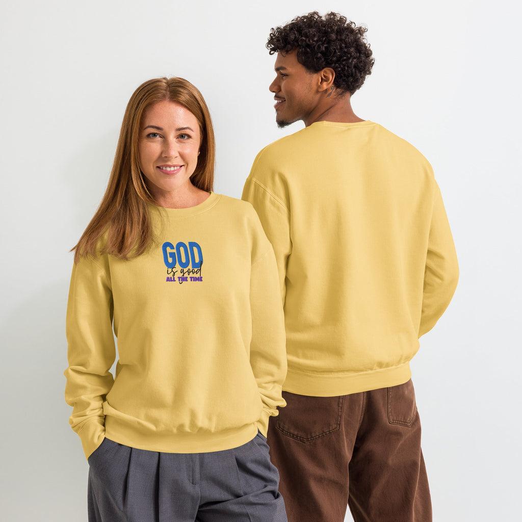 God is Good all the time | Embroidered Unisex Garment-Dyed Fleece Sweatshirt in Butter, back view