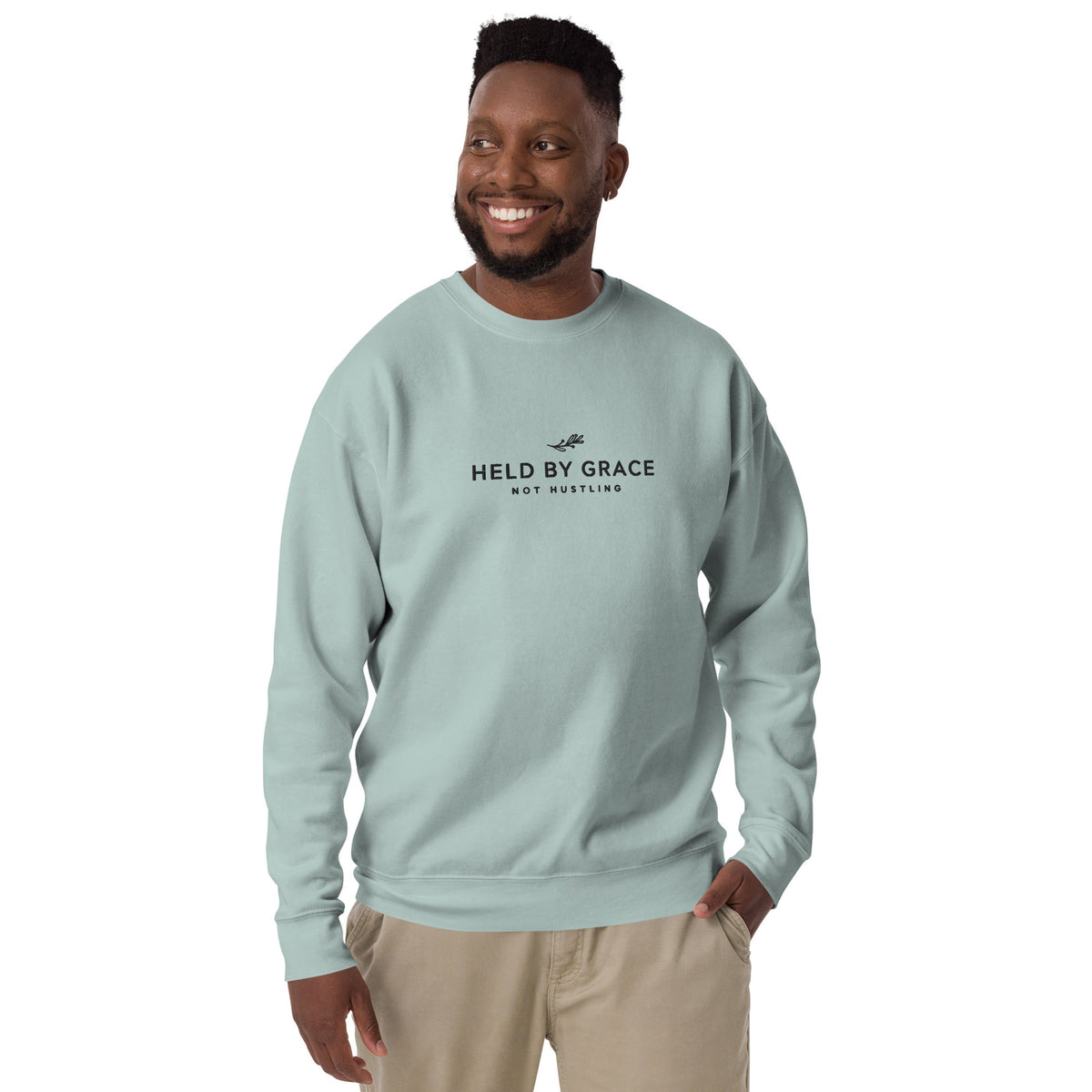 Held by Grace, Not Hustling embroidered premium sweatshirt in Agave, product view