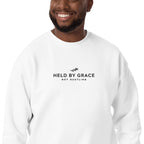 Held by Grace, Not Hustling embroidered premium sweatshirt in White, product view