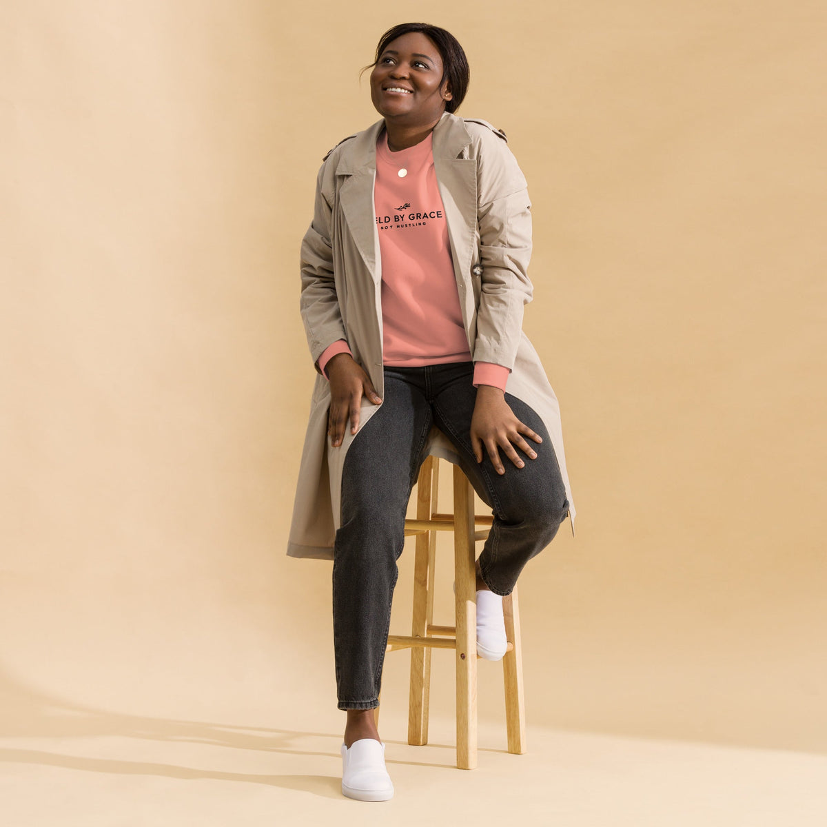 Held by Grace, Not Hustling embroidered premium sweatshirt in Dusty Rose, product view