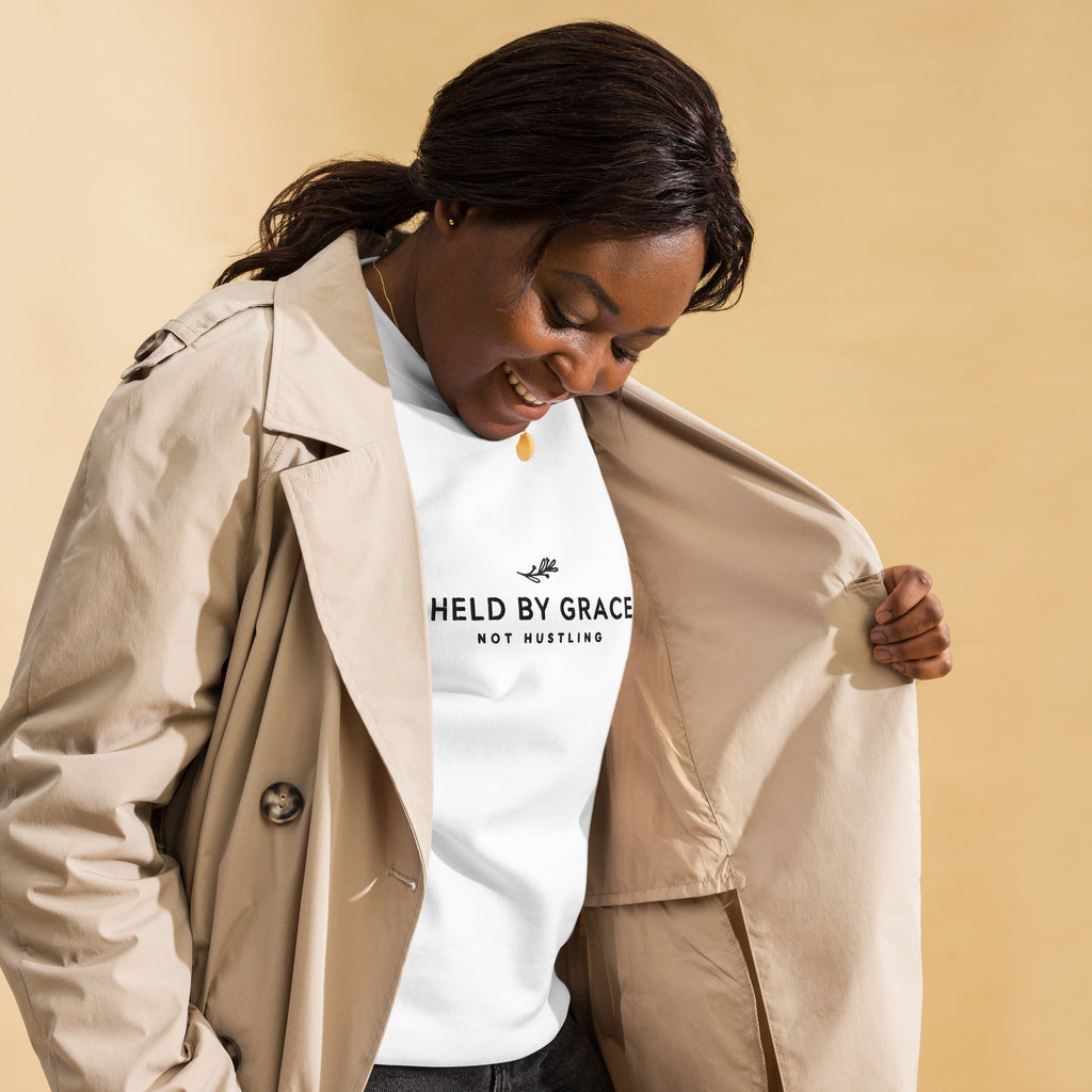 Held by Grace, Not Hustling embroidered premium sweatshirt in White, product view