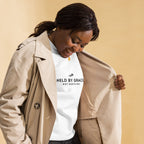 Held by Grace, Not Hustling embroidered premium sweatshirt in White, product view