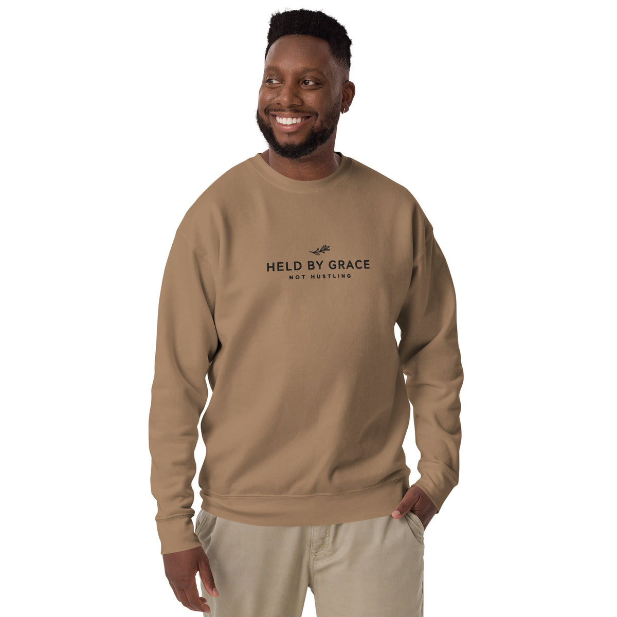 Held by Grace, Not Hustling embroidered premium sweatshirt in Latte, product view