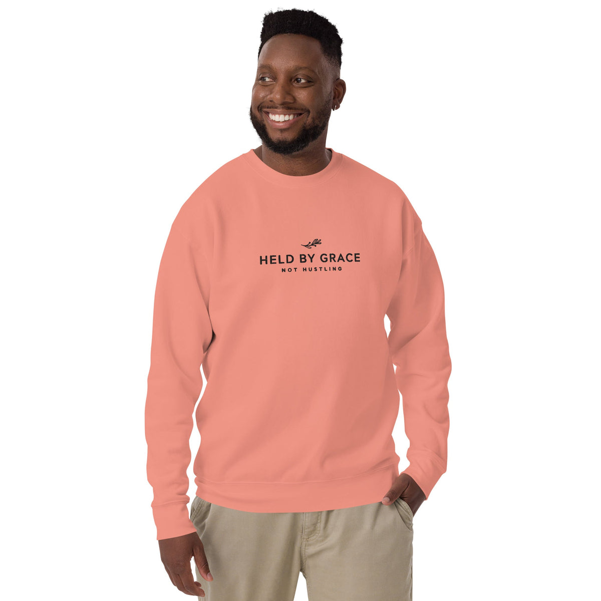 Held by Grace, Not Hustling embroidered premium sweatshirt in Dusty Rose, product view