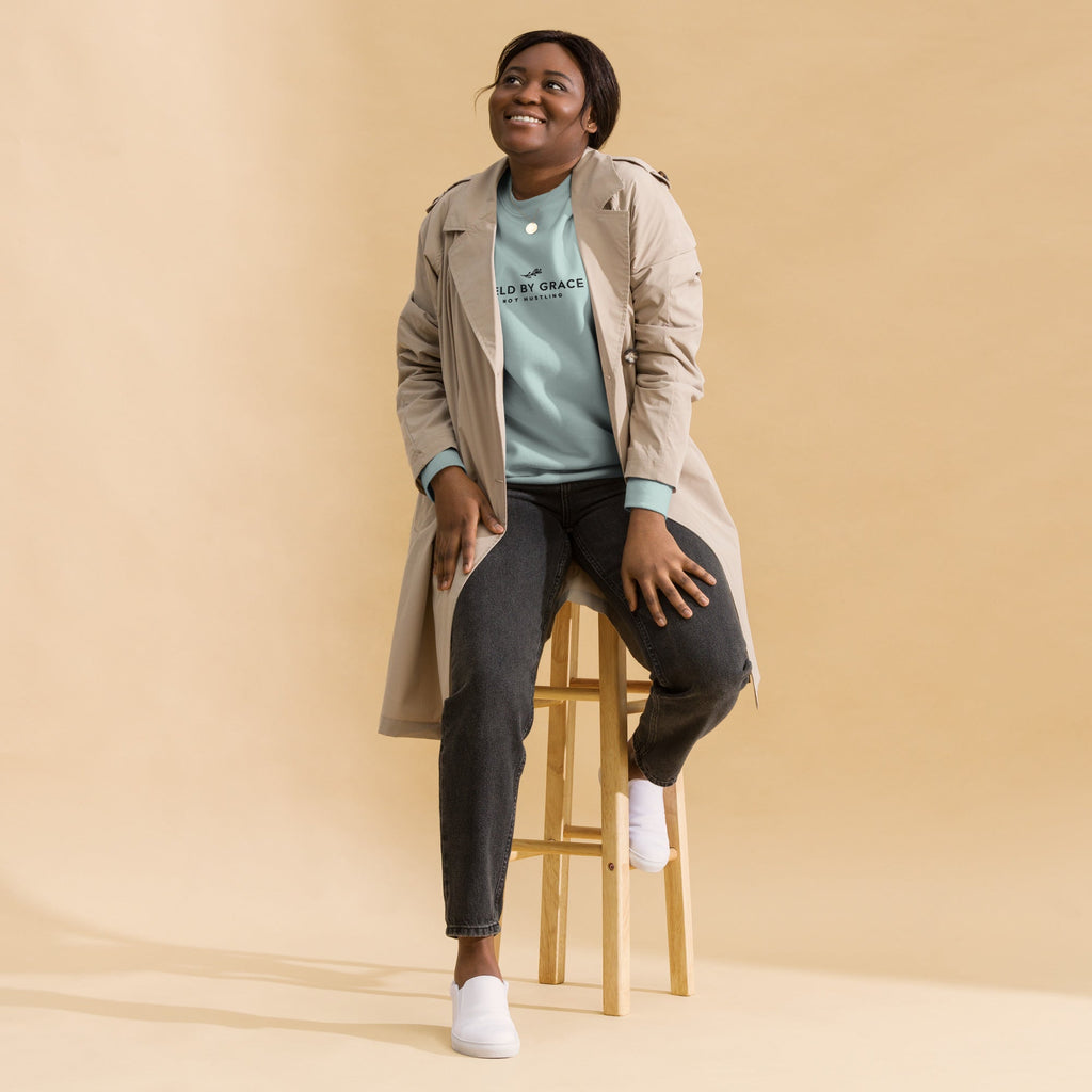 Held by Grace, Not Hustling embroidered premium sweatshirt in Agave, product view