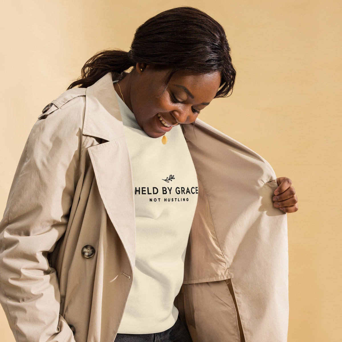 Held by Grace, Not Hustling embroidered premium sweatshirt in Bone, product view