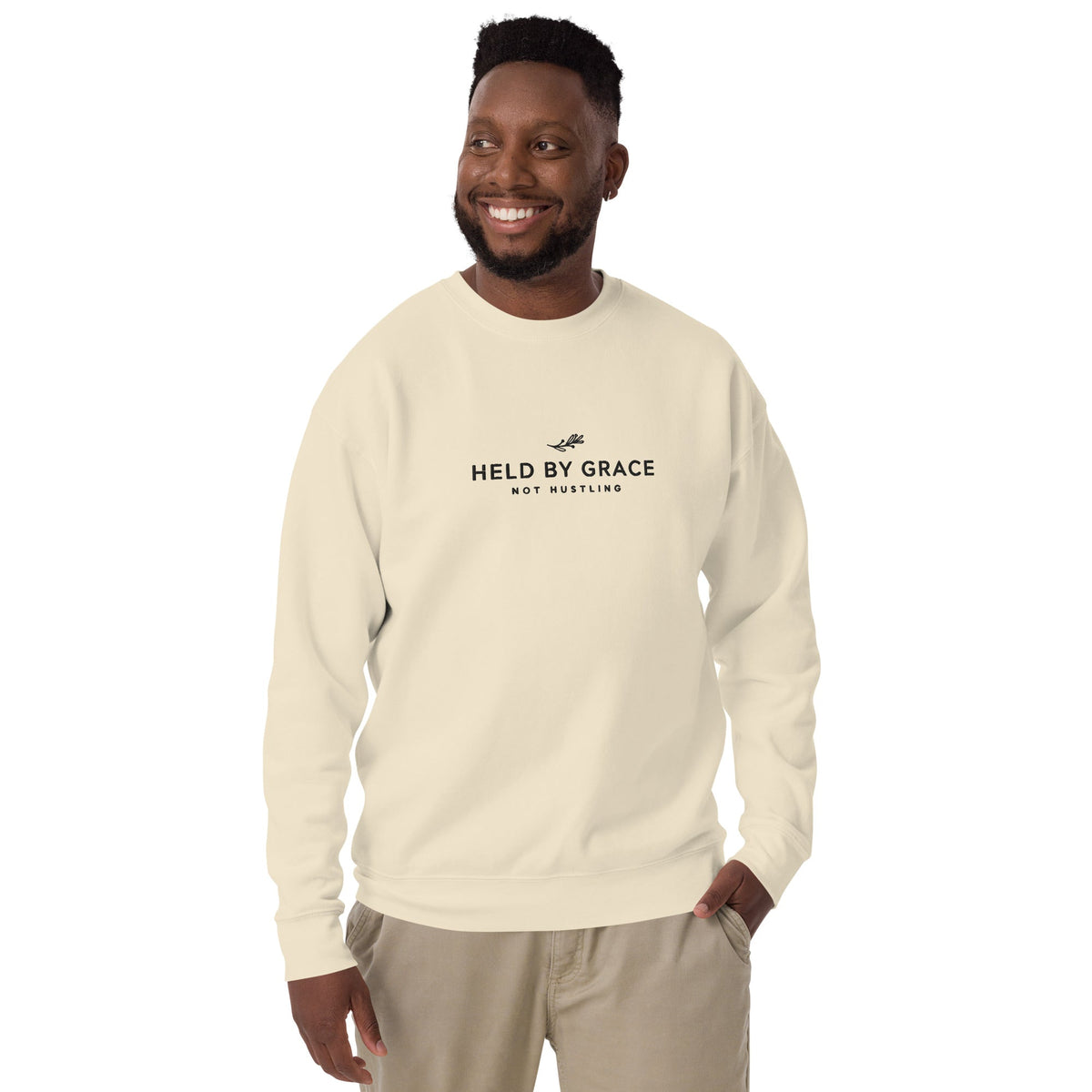 Held by Grace, Not Hustling embroidered premium sweatshirt in Bone, product view